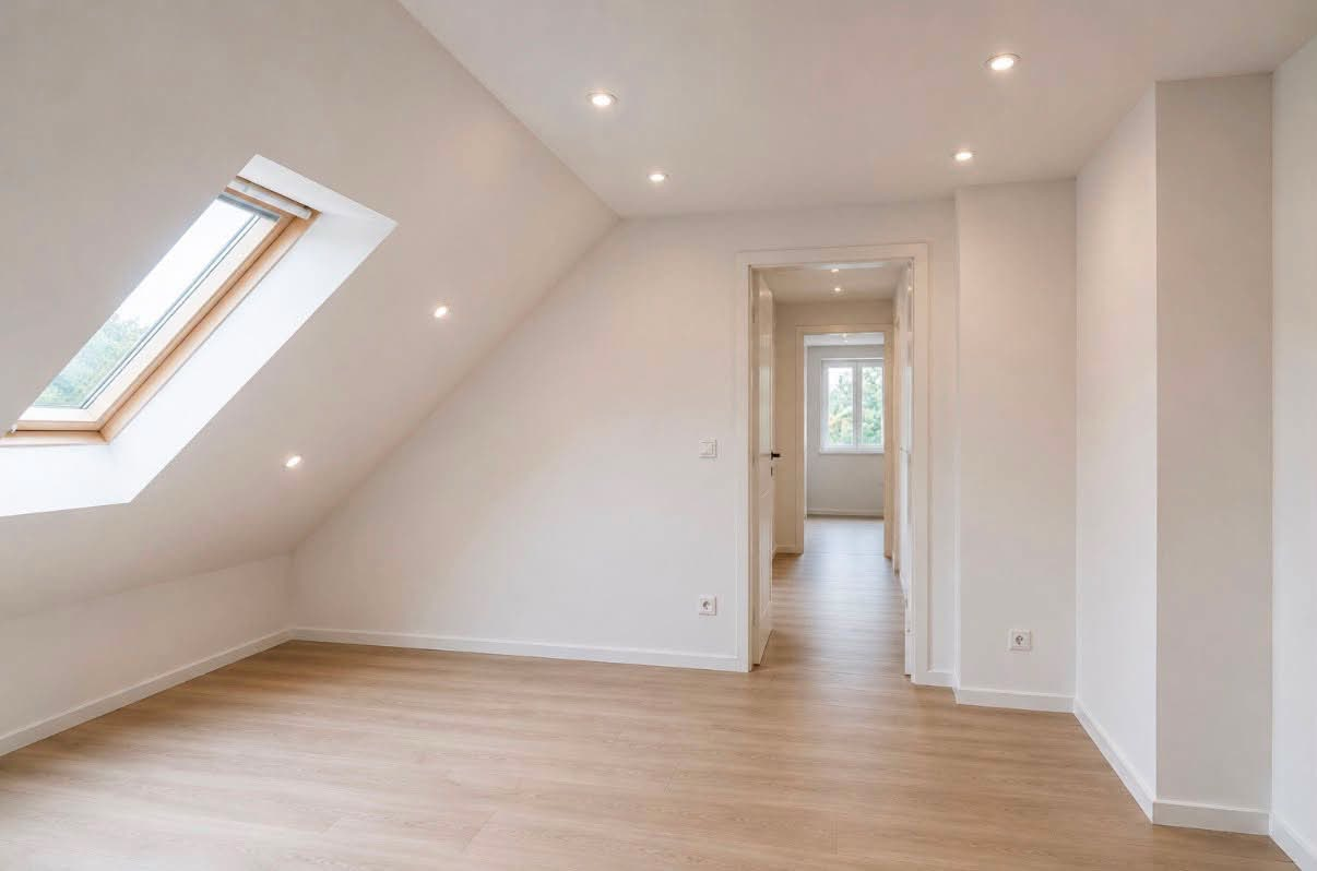 Fertig ausgebautes helles Dachgeschoss mit glatten Wänden und Holzboden